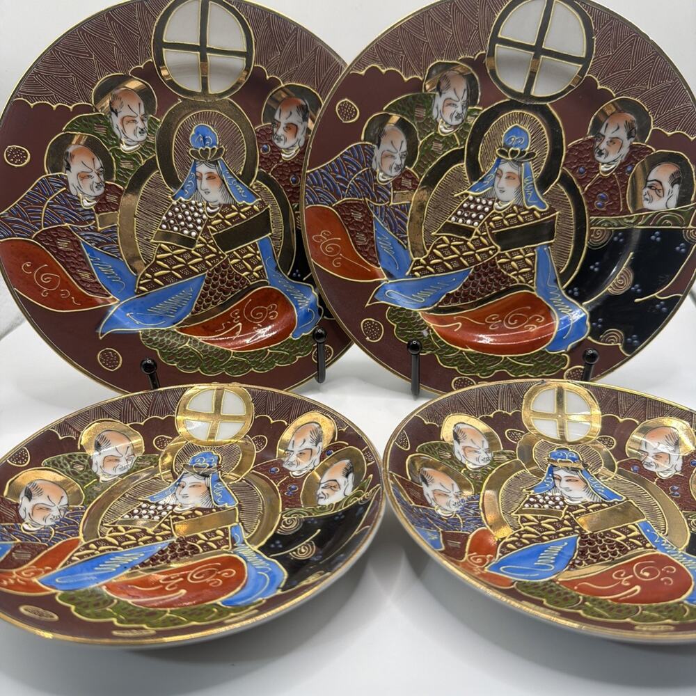 Vintage SATSUMA Moriage Gold Gilded Hand Painted Kannon w Immortals Set of 4